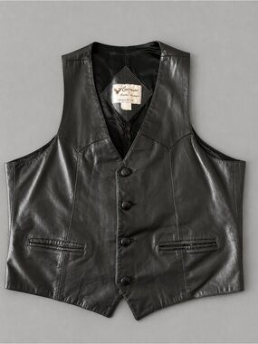 Black Leather Button Front Vest Men’s 42R Fits M-L Made in USA